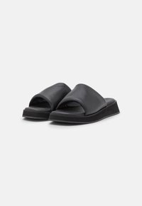 Black leather slide sandals with an open toe design, featuring a thick black sole and smooth texture for comfort.