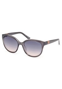 Gafas de sol oversize grises con lentes degradados, montura de plástico y un acento de logo dorado en la patilla. Textura suave y forma redondeada.