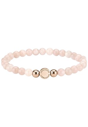 Pulsera elástica con cuentas redondas de color rosa pálido y tres cuentas en tono dorado en el centro, una grabada con "LIEBESKIND."