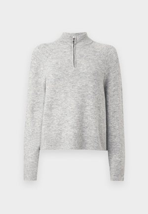 Maglioncino grigio chiaro con colletto alto e mezza zip. Tessuto morbido, polsini e orlo a costine, design casual con spalla scesa.