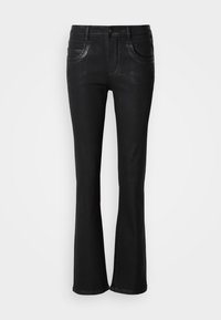 Svarta utsvängda jeans gjorda av denim, med två framfickor, dragkedja och subtila sömnadsdetaljer längs sömmarna.