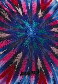 Motif d'éclat radial avec des flèches brodées bleues, vertes, roses, blanches et rouges sur un fond bleu foncé avec la marque « Desigual ».