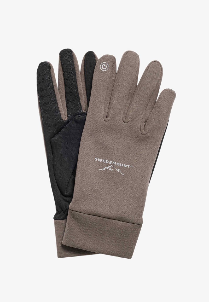 Paire de gants Swedemount marron et noir, l'un montrant des points d'adhérence et l'autre un symbole d'alimentation sur l'index.