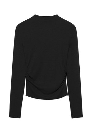 Top negru cu mâneci lungi, gât rotund și detaliu de pliseu lateral, realizat dintr-un material elastic cu textură fină.