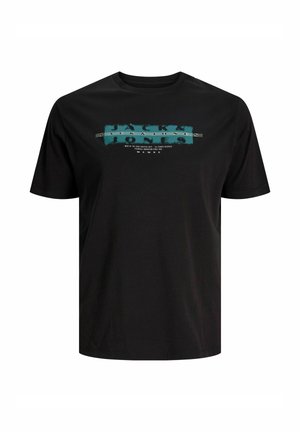 Tricou negru cu mâneci scurte, cu grafică dreptunghiulară de culoare turcoaz și albă și textul „Jack & Jones” imprimat pe piept.