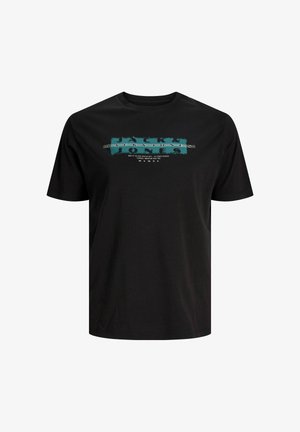 Tricou negru cu mâneci scurte, cu grafică dreptunghiulară de culoare turcoaz și albă și textul „Jack & Jones” imprimat pe piept.