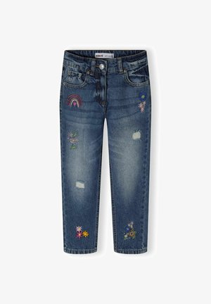 Blå denimjeans med blommönsterbroderi och en regnbågsdesign, med slitna detaljer och rak benpassform.