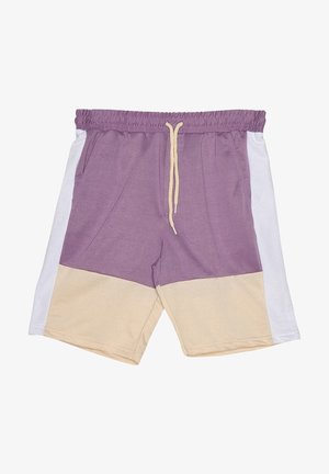 Shorts en coton violet et crème avec une ceinture élastique, un cordon de serrage et des panneaux latéraux blancs. Coupe décontractée et ample avec une texture lisse.