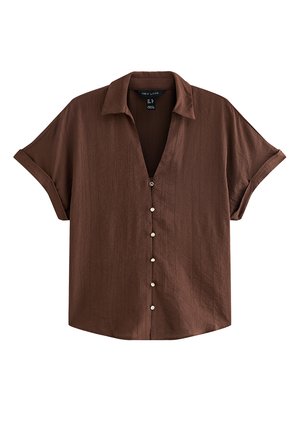 Brown short-sleeve button-up shirt with collar and rolled cuffs, made from textured lightweight fabric.