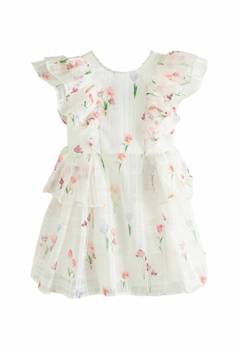 Weißes Kleid mit floralem Druck in Pink und Blau, mit Rüschensleeves, geschichtetem Design und strukturiertem, transparentem Stoff.