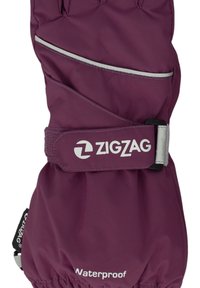 Lila vattentät handske med en slank design, reflekterande remsa, justerbart band och "ZIGZAG"-logotyp i vitt.