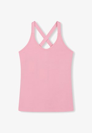 Roze mouwloze tanktop met een kruisende bandontwerp op de rug; gemaakt van zachte stof met een gladde textuur en een aansluitende pasvorm.