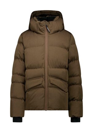 Bruine gewatteerde winterjas met ritssluiting aan de voorkant, capuchon, twee schuine voorzakken en zwarte binnenboorden aan de mouwen.
