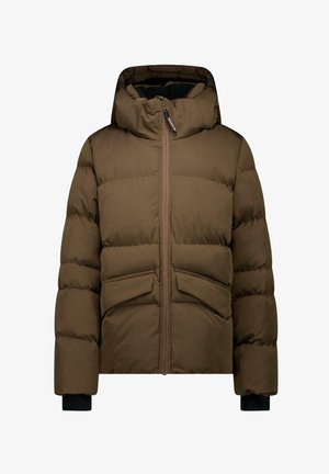 Bruine gewatteerde winterjas met ritssluiting aan de voorkant, capuchon, twee schuine voorzakken en zwarte binnenboorden aan de mouwen.