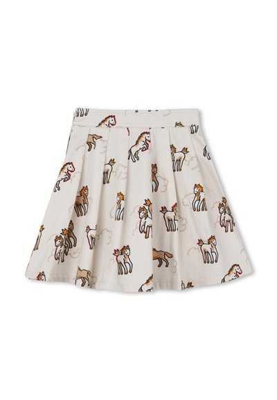 Jupe plissée en tissu crème présentant un motif de chevaux illustrés dans différentes couleurs, avec des accents de couronnes et de nuages.