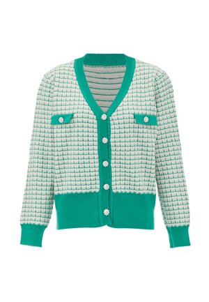 Groene en witte gebreide cardigan met een getextureerd patroon, V-hals, parelachtige knopen en twee borstzakken met accenten.