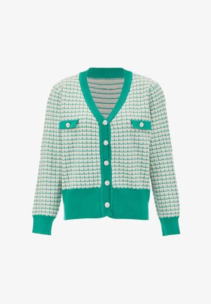 Grön och vit stickad cardigan med en strukturerad mönster, V-ringning, pärlliknande knappar och två bröstfickor med detaljer.