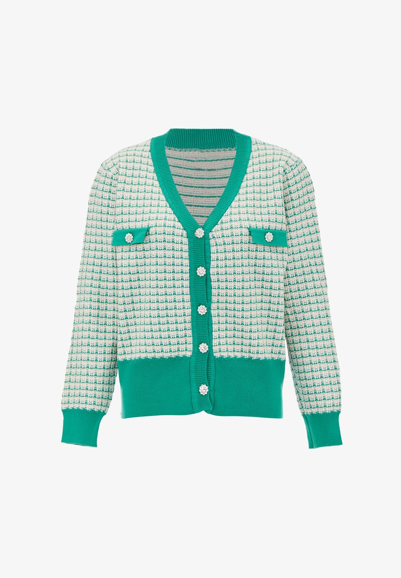 Cardigan tricotat în verde și alb, cu un model texturat, decolteu în V, nasturi asemănători perlelor și două buzunare pe piept cu accente.