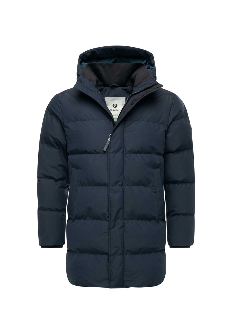 Men's navy blue quilted puffer jacket with hood, front zipper, and side pockets, designed for cold weather.