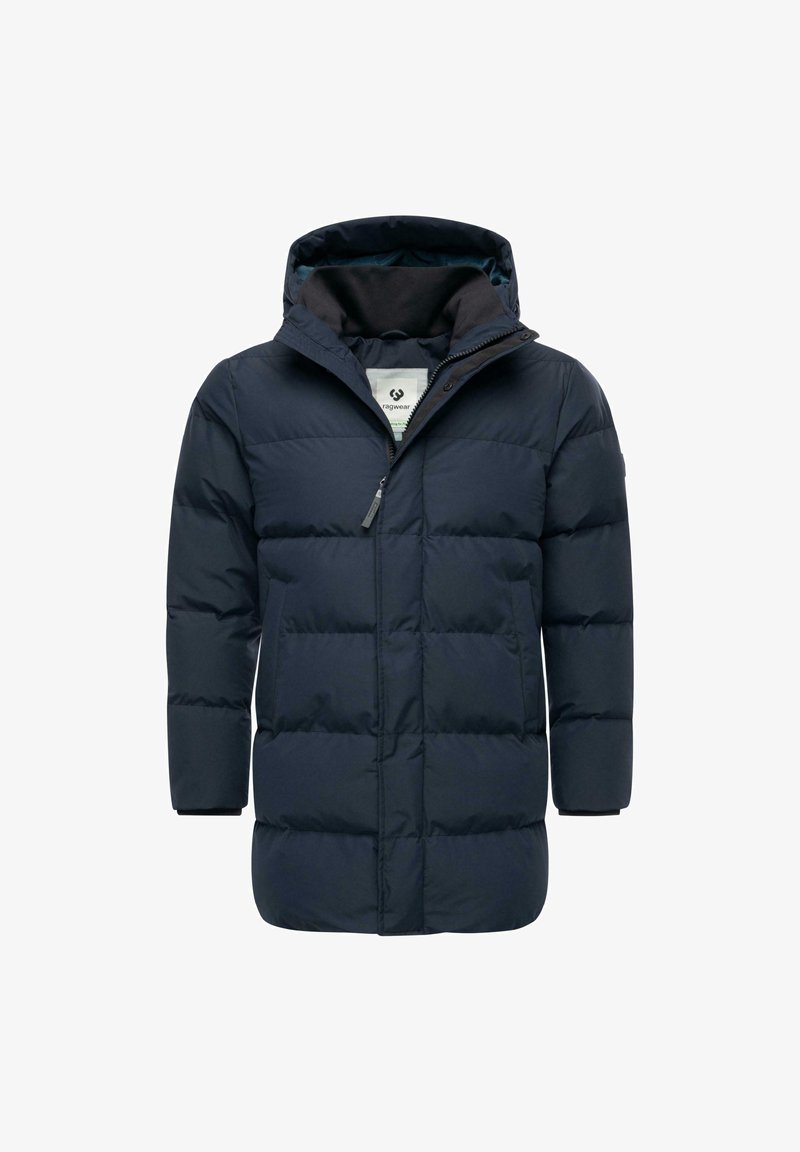 Men's navy blue quilted puffer jacket with hood, front zipper, and side pockets, designed for cold weather.