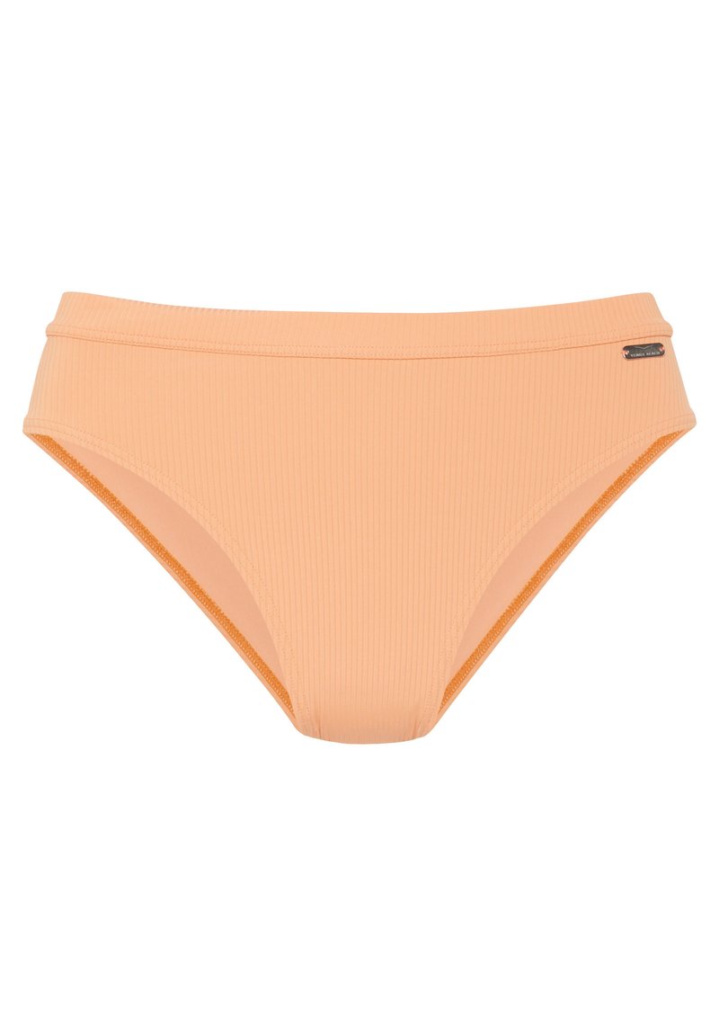 Bikini donji dio u breskvastoj boji s rebrastom teksturom, srednjim pojasom i suptilnim logotipom na elastičnom pojasu.