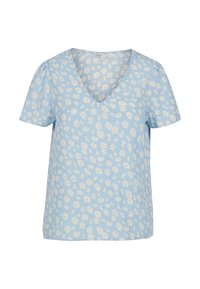 Svetle modrý krátký rukáv s výstřihem do V, zdobený květinovým vzorem bílých sedmikráských na měkké tkanině.