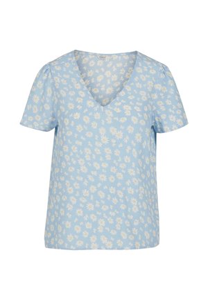 Top azzurro chiaro a maniche corte con scollo a V, con un motivo floreale di margherite bianche su un tessuto morbido.