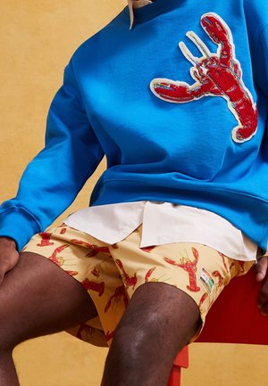 Mann trägt blauen Sweatshirt mit rotem Hummer-Aufnäher und gelbe Shorts mit roten Hummer-Motiven und sitzt auf einem roten Stuhl.