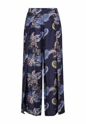 Meresinine laia lõikega püksid sinise, roosa ja beeži lillelise paisley-mustriga ning voldid vöökohal.
