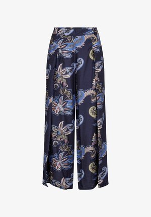 Meresinine laia lõikega püksid sinise, roosa ja beeži lillelise paisley-mustriga ning voldid vöökohal.