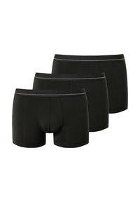 Drei Paare schwarzer Boxershorts aus weichem Material, mit einem gerippten Bund, der ein dezentes Logo aufweist, und nahtlosem Design für zusätzlichen Komfort.