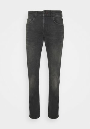 Zwarte denim jeans met een slim fit, vijf zakken, zichtbare stiksels en een subtiel vervaagd patroon. Voorzien van een knoopsluiting en riemlussen.