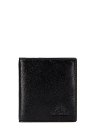 Portafoglio nero in pelle bifold con logo Wittchen in rilievo nell’angolo in basso a destra su sfondo bianco.