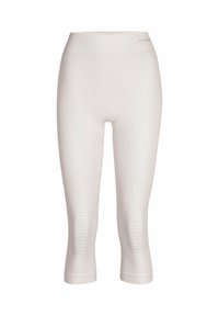 Leggings court légers et blancs avec un motif texturé et une taille large. Fabriqués en tissu extensible pour le confort et la liberté de mouvement.