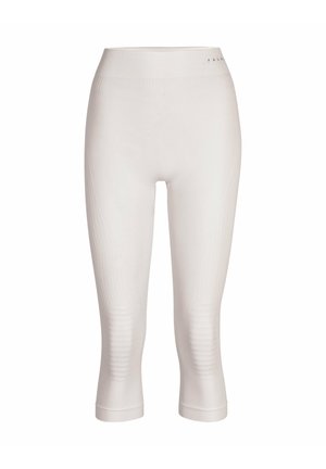 Leggings court légers et blancs avec un motif texturé et une taille large. Fabriqués en tissu extensible pour le confort et la liberté de mouvement.