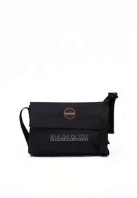 Black crossbody bag made of durable fabric, featuring a fold-over top, adjustable strap, and logo details in orange and grey.
