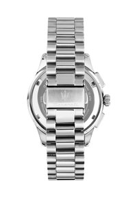 Orologio in acciaio inossidabile con cinturino e cassa in metallo lucido, dotato di un quadrante rotondo, sotto-quadranti cronografici e una corona texturizzata.