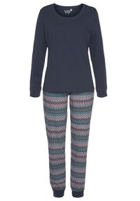 Mörkblå långärmad topp med rund halsringning, kombinerad med mönstrade underdelar med ett zigzag-mönster i färger som blått, rosa och grått.