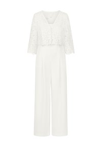 Weißer Jumpsuit mit einem Spitzen-Cropped-Overlay, kurzen Ärmeln, V-Ausschnitt und weit geschnittenen Hosenbeinen für eine bequeme Passform.