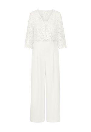 White jumpsuit featuring a lace cropped overlay with short sleeves, V-neck, and wide-leg trousers for a relaxed fit.