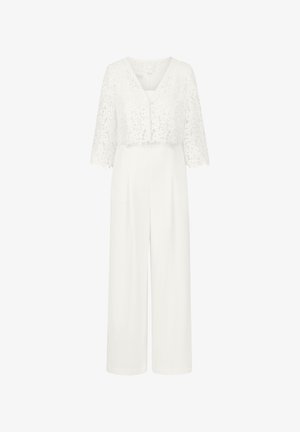 Weißer Jumpsuit mit einem Spitzen-Cropped-Overlay, kurzen Ärmeln, V-Ausschnitt und weit geschnittenen Hosenbeinen für eine bequeme Passform.