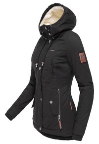 Black hooded jacket with faux fur lining, zip and snap closures, two front pockets, and a leather logo patch on the sleeve.