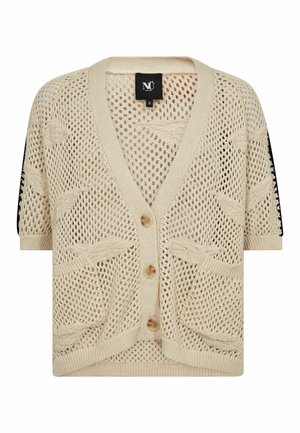 Cardigan beige a maniche corte in maglia con motivo di uccelli, tre bottoni frontali, due tasche e collo a V.
