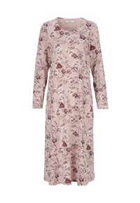 Långärmad, rosa blommig klänning med vinröda och vita blommönster, rund halsringning och knä-lång fåll.