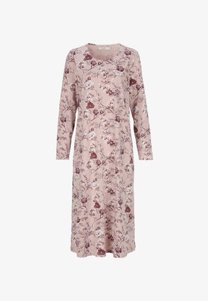 Langärmliges, pinkes Blumenkleid mit kastanienbraunen und weißen Blumenmustern, Rundhalsausschnitt und knielanger Saum.