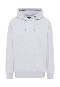 Sweatshirt gri deschis cu glugă, șnur și manșete cu tiv. Are o textură moale și un design minimalist, fără logo-uri sau modele vizibile.