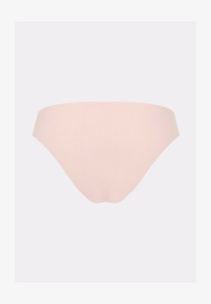 Helles beiges nahtloses Damenunterwäsche im Bikini-Stil mit glattem Stoff und niedrigem Schnitt.