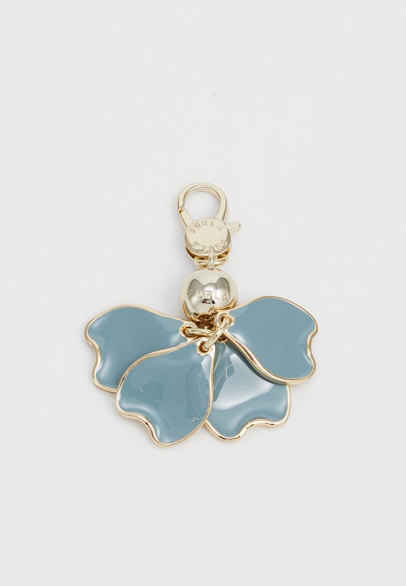 Triage en émail bleu avec des sections en forme de pétales, quincaillerie dorée, et un charm circulaire gravé avec "Furla."