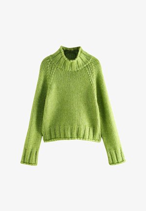 Zelený pletený svetr s vysokým výstřihem, dlouhými rukávy a žebrovaným lemem. Má výraznou texturu a design s klesajícími rameny.