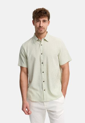 Junger Mann mit kurzen lockigen Haaren, der ein hellgrünes, gestreiftes kurzärmeliges Hemd mit Knöpfen und weiße Hose vor neutralem Hintergrund trägt.